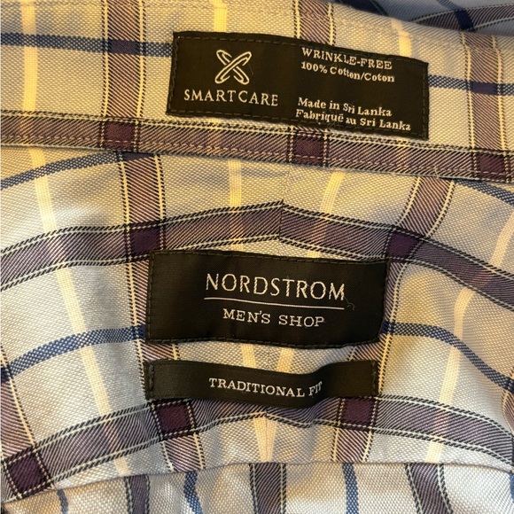 Nordstrom Men's Wrinkle Free Casual Blue and White Plaid Shirt  Neck 18 - Picture 3 of 7